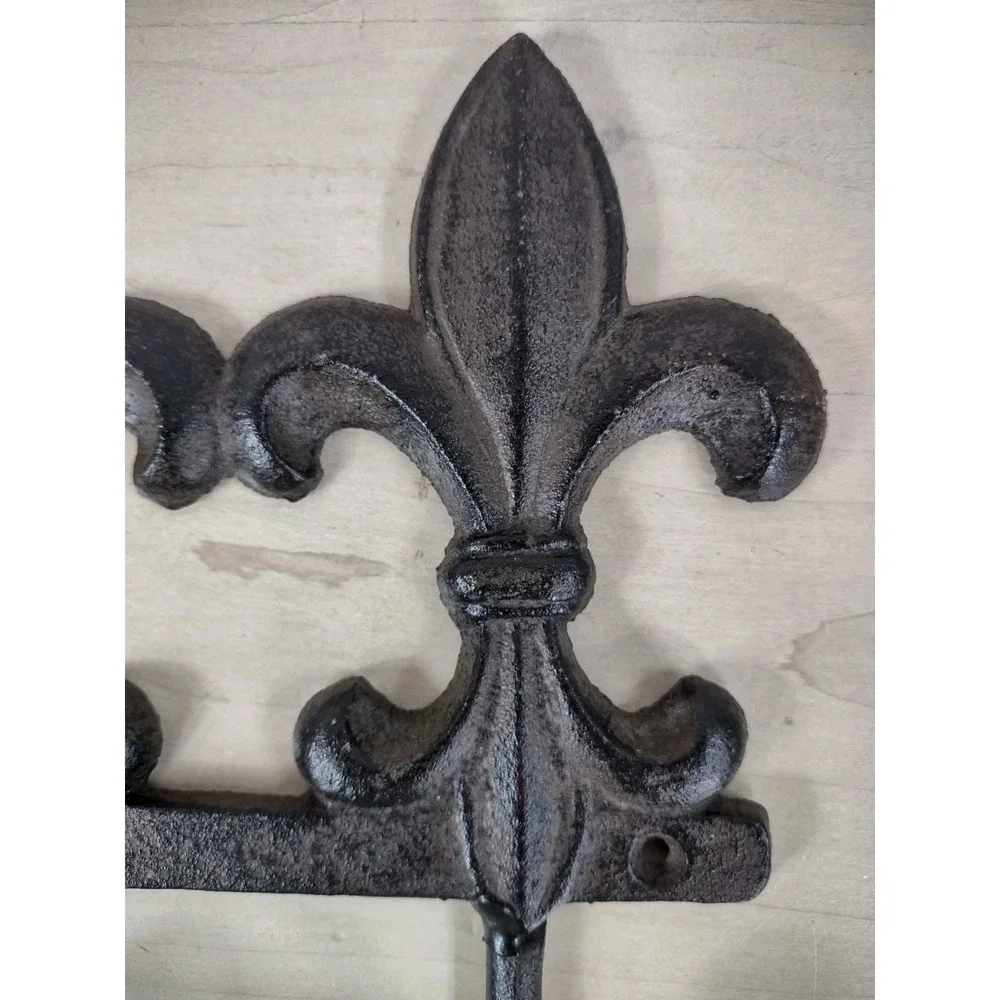Fleur De Lis Scroll Triple Wall Hook Coat Rack Key Towel Brown Cast Iron